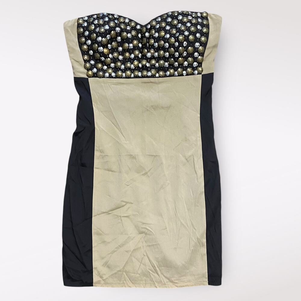 Stella & Jamie NWT Studded‎ Silk Black and tan Strapless Mini Dress Size XS
